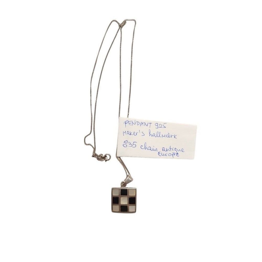 Vtg Sterling Silver 925 Pendant Necklace Square MOP Onyx Checkered NS1 - Picture 9 of 9